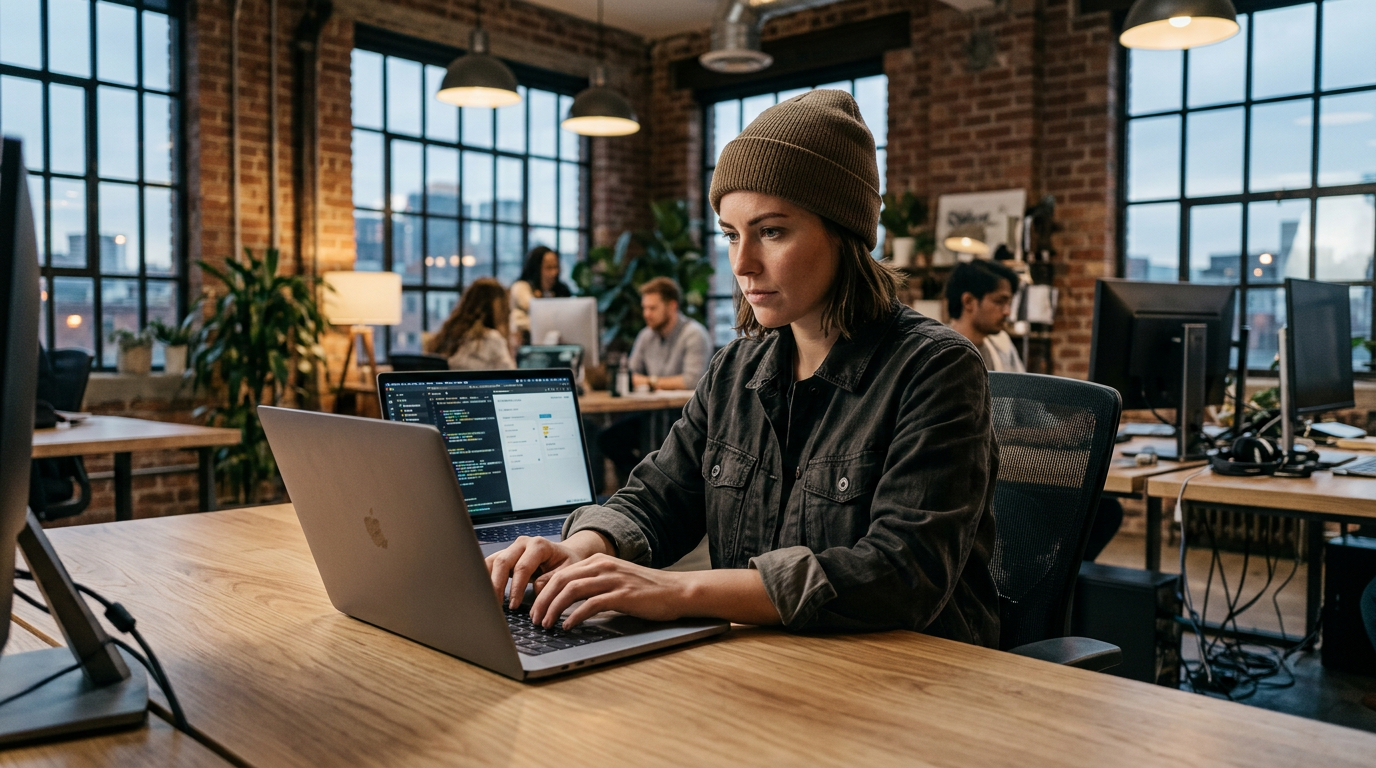 A focused creator working in a shared studio